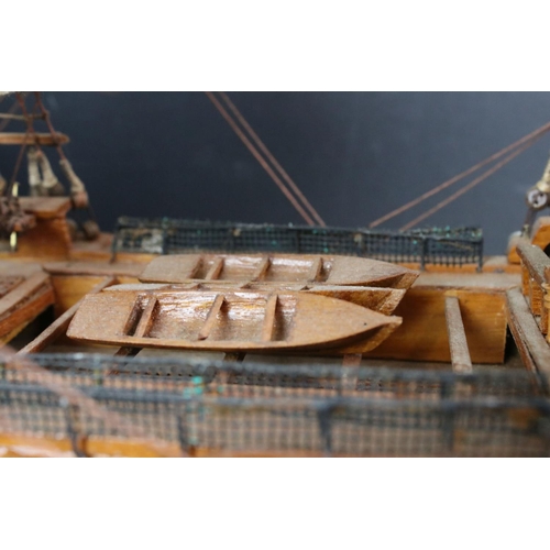 347 - A large wooden model ship / galleon together with a metal tricycle and motorcycle and sidecar model.