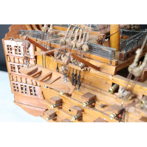 347 - A large wooden model ship / galleon together with a metal tricycle and motorcycle and sidecar model.