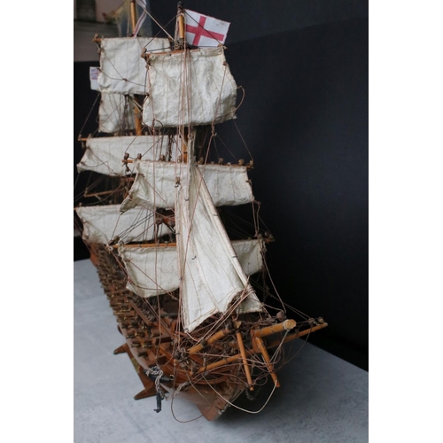 347 - A large wooden model ship / galleon together with a metal tricycle and motorcycle and sidecar model.