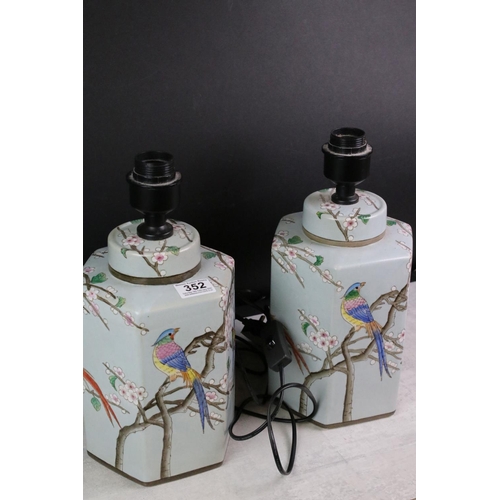 352 - Pair of Ceramic Hexagonal Table Lamps decorated with exotic birds on a pale blue ground