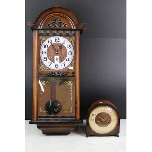 355 - 1930's Oak Domed Cased Mantle Clock together with ' Holly ' 30 day Wall Clock