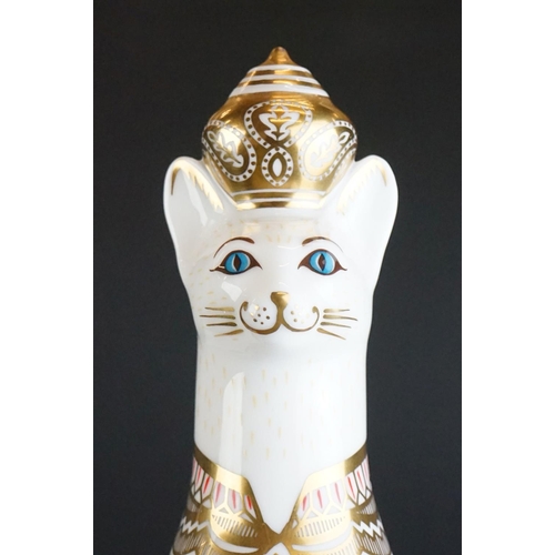 16 - Two Royal Crown Derby ' Royal Cats ' paperweights to include Siamese (22cm high) and Pearly King (19... 