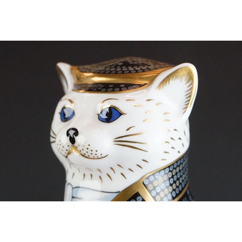 16 - Two Royal Crown Derby ' Royal Cats ' paperweights to include Siamese (22cm high) and Pearly King (19... 