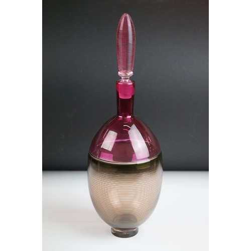 2 - Bob Crooks - Spirale Encalmo studio glass decanter & stopper in ruby & smoky grey, the decanter of f... 