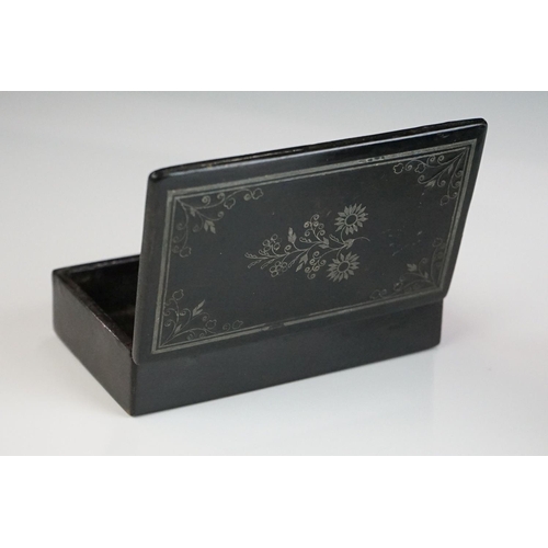 212 - Two 19th century Black Lacquered Papier Mache Snuff Boxes with pewter inlay, largest 8.5cm long