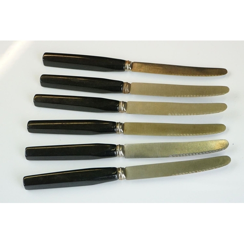 213 - Set of Six Art Deco Black and Amber Bakelite Butter Knives on Stand