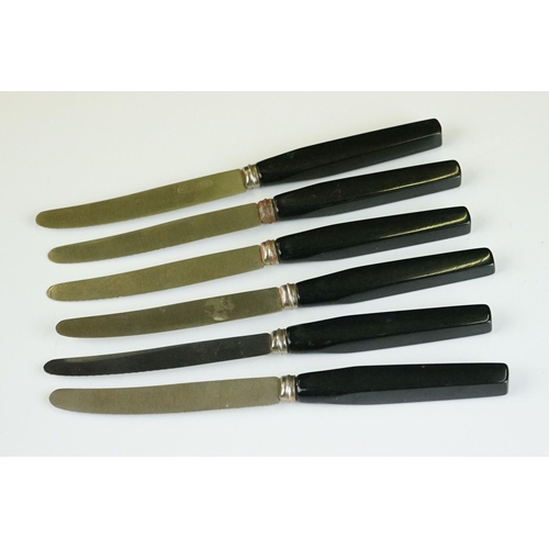 213 - Set of Six Art Deco Black and Amber Bakelite Butter Knives on Stand