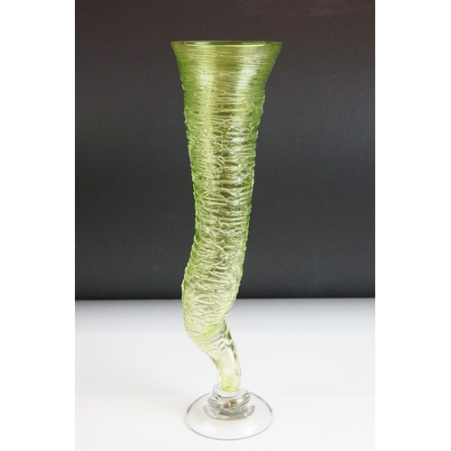 21 - Bob Crooks for First Glass - ' Tornado ' studio green glass vase, with a clear crystal domed foot ri... 