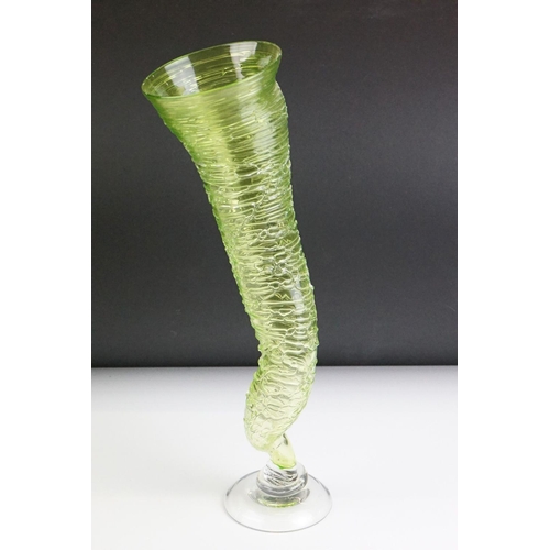 21 - Bob Crooks for First Glass - ' Tornado ' studio green glass vase, with a clear crystal domed foot ri... 