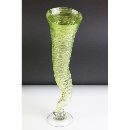 21 - Bob Crooks for First Glass - ' Tornado ' studio green glass vase, with a clear crystal domed foot ri... 