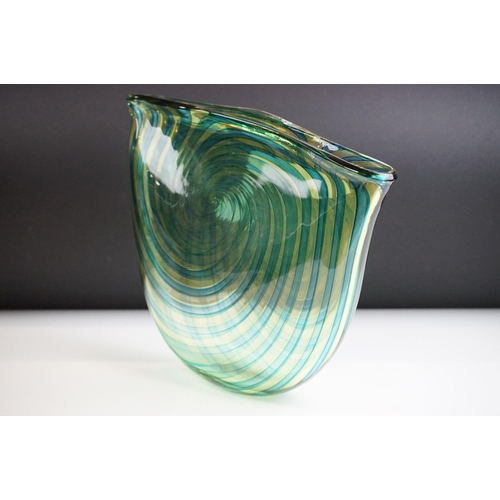 22 - Bob Crooks - Blue & Green ' Pi ' Vase of flattened form, decorated with blue and green concentric sp... 