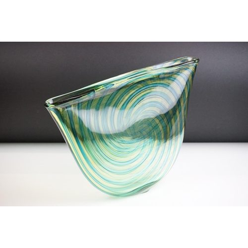 22 - Bob Crooks - Blue & Green ' Pi ' Vase of flattened form, decorated with blue and green concentric sp... 