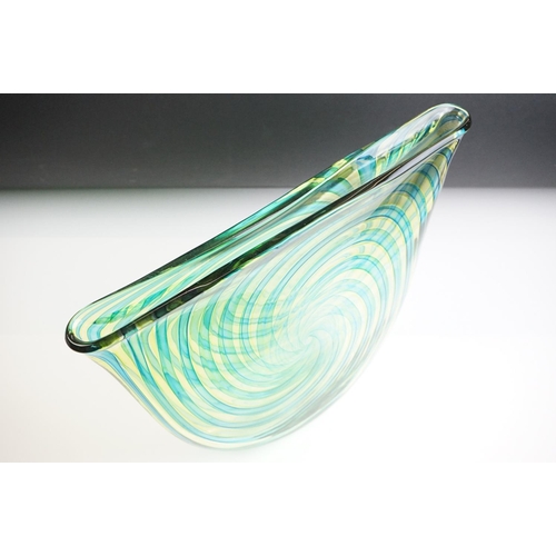 22 - Bob Crooks - Blue & Green ' Pi ' Vase of flattened form, decorated with blue and green concentric sp... 