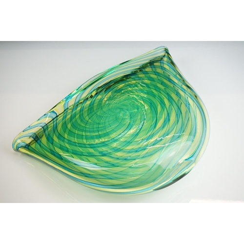 22 - Bob Crooks - Blue & Green ' Pi ' Vase of flattened form, decorated with blue and green concentric sp... 