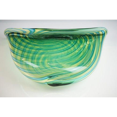 22 - Bob Crooks - Blue & Green ' Pi ' Vase of flattened form, decorated with blue and green concentric sp... 