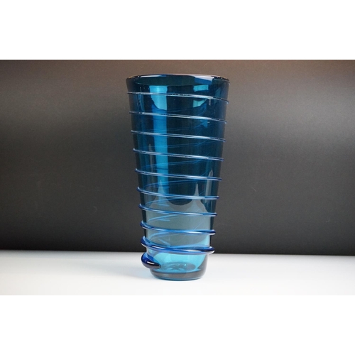 23 - Bob Crooks - Blue Spiral Studio Glass Vase, of tapering form, with applied blue spiralling decoratio... 