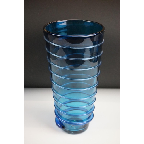 23 - Bob Crooks - Blue Spiral Studio Glass Vase, of tapering form, with applied blue spiralling decoratio... 