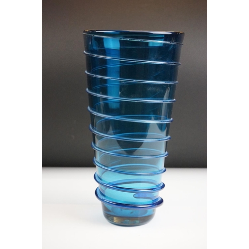 23 - Bob Crooks - Blue Spiral Studio Glass Vase, of tapering form, with applied blue spiralling decoratio... 