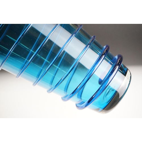 23 - Bob Crooks - Blue Spiral Studio Glass Vase, of tapering form, with applied blue spiralling decoratio... 