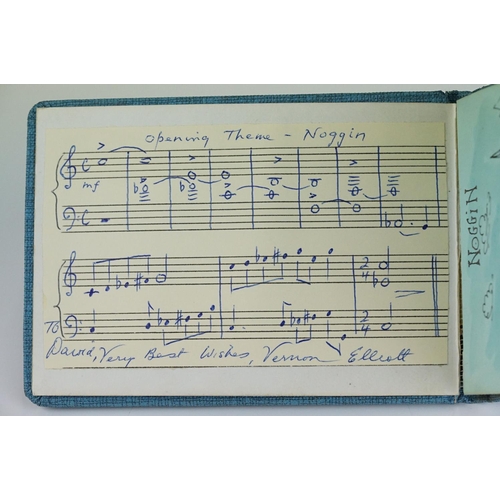 245 - A vintage autograph book with original 'Noggin the Nog' colour sketch signed by Peter Firmin along w... 