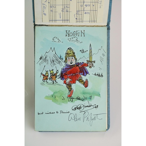 245 - A vintage autograph book with original 'Noggin the Nog' colour sketch signed by Peter Firmin along w... 