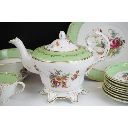 29 - Early 20th Century English porcelain floral tea set in pale green & white with gilt detailing, patte... 