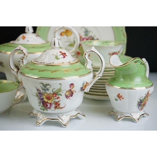 29 - Early 20th Century English porcelain floral tea set in pale green & white with gilt detailing, patte... 