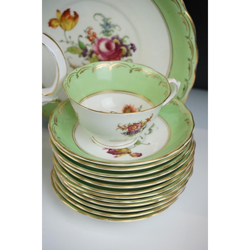 29 - Early 20th Century English porcelain floral tea set in pale green & white with gilt detailing, patte... 