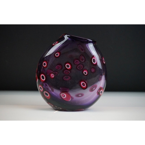 32 - Bob Crooks ' Hula ' studio glass vase, of flattened form, with inclusions of pink & white hoops on a... 