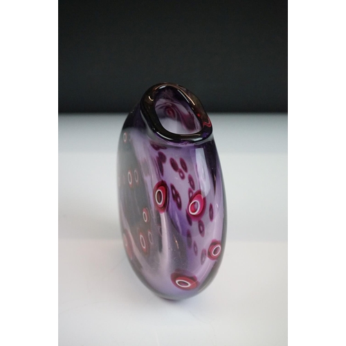 32 - Bob Crooks ' Hula ' studio glass vase, of flattened form, with inclusions of pink & white hoops on a... 