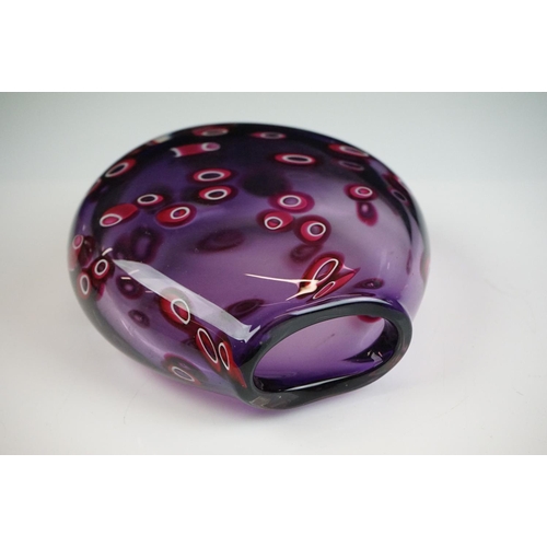 32 - Bob Crooks ' Hula ' studio glass vase, of flattened form, with inclusions of pink & white hoops on a... 