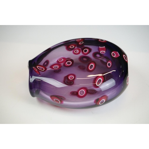 32 - Bob Crooks ' Hula ' studio glass vase, of flattened form, with inclusions of pink & white hoops on a... 