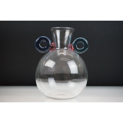 33 - Bob Crooks for First Glass - Clear glass studio vase of bulbous form, with twin roundel handles of m... 