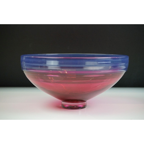 34 - Bob Crooks - Two threaded studio glass bowls to include a lime green & aubergine example, with a fin... 