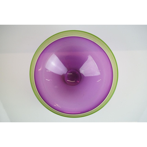 34 - Bob Crooks - Two threaded studio glass bowls to include a lime green & aubergine example, with a fin... 