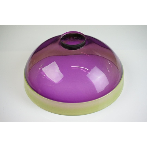 34 - Bob Crooks - Two threaded studio glass bowls to include a lime green & aubergine example, with a fin... 