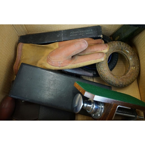 286 - A box of mixed collectables to include wooden chess set, vintage darts and engineers tools ...etc..