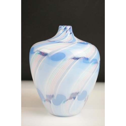 40 - Charlie Meaker - Studio glass vase of spiralling form, in pastel shades of blue and pink, signed to ... 