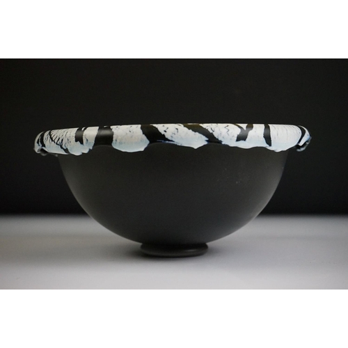 42 - Malcolm Sutcliffe - Studio glass bowl with black & white overlay, crazed effect to rim, raised on a ... 