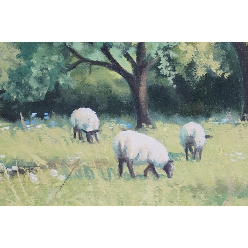 468 - Tom Leighton (British Contemporary) Pair of Oil Paintings on Canvas of Sheep in a Meadow by a Stream... 