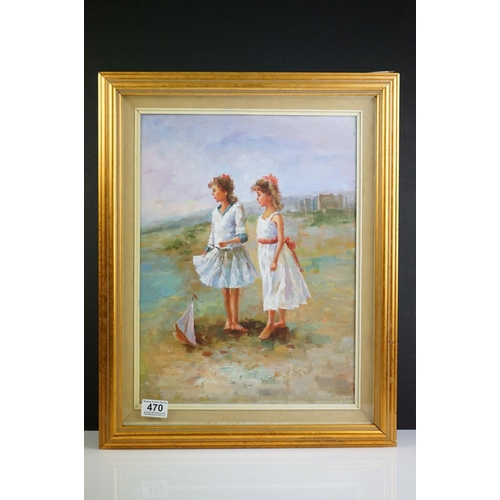 470 - Oil on canvas, a portrait of girls in a beach scene with toy sailboat