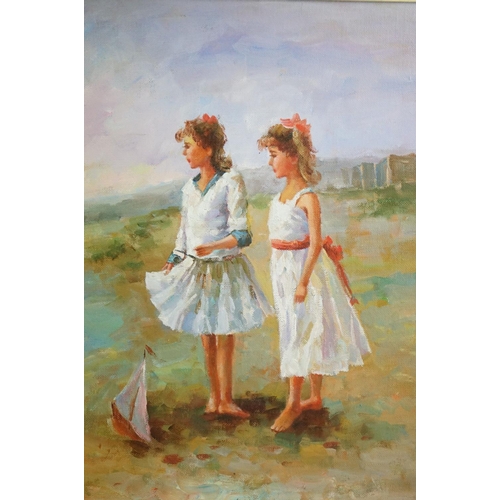 470 - Oil on canvas, a portrait of girls in a beach scene with toy sailboat