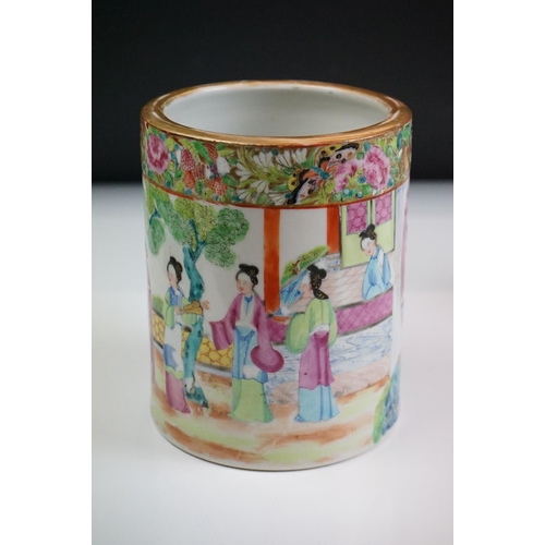 45 - Chinese Cantonese Famille Rose cylindrical vase, decorated with figures and butterflies within folia... 