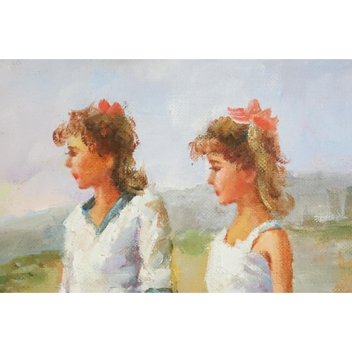 470 - Oil on canvas, a portrait of girls in a beach scene with toy sailboat