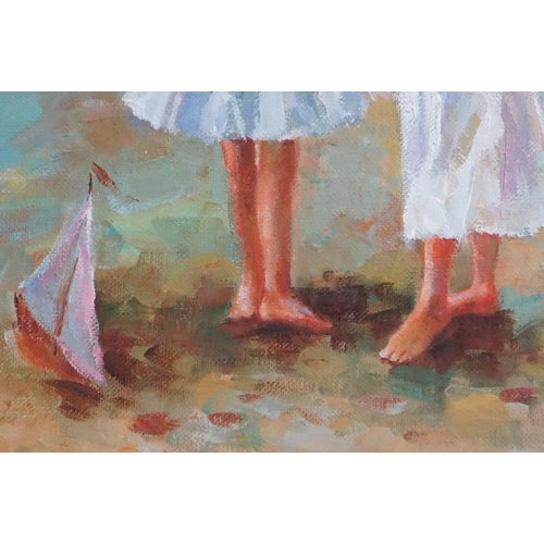 470 - Oil on canvas, a portrait of girls in a beach scene with toy sailboat