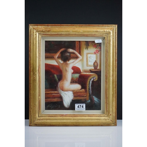 474 - Hodgking, oil on canvas, study of a nude female on a couch, signed