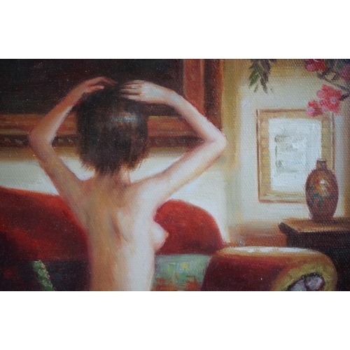 474 - Hodgking, oil on canvas, study of a nude female on a couch, signed