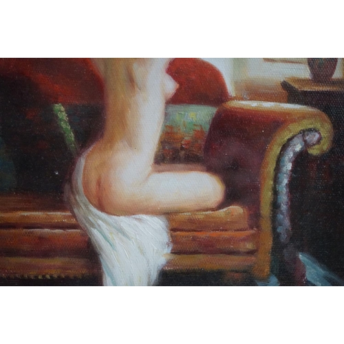 474 - Hodgking, oil on canvas, study of a nude female on a couch, signed