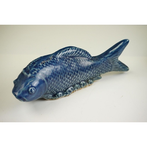 52 - Pair of Chinese Blue Glazed Koi Carp pottery figures, approx 21cm long