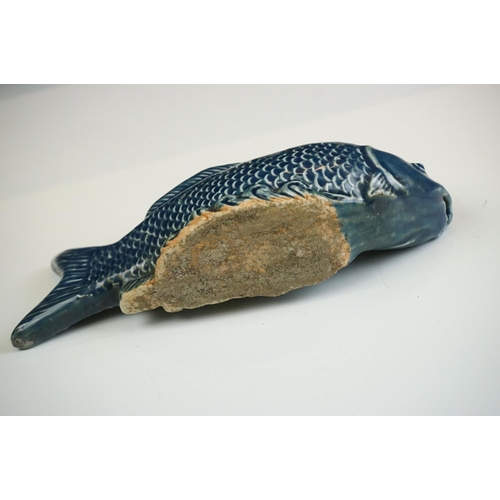 52 - Pair of Chinese Blue Glazed Koi Carp pottery figures, approx 21cm long